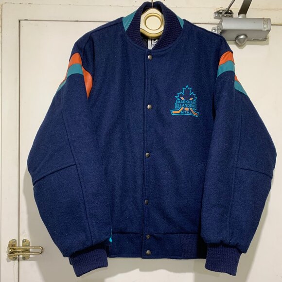 MARKHAM ISLANDERS LEATHER WOOL SPORT BOMBER JACKETS SIZE M/L - Picture 1 of 12
